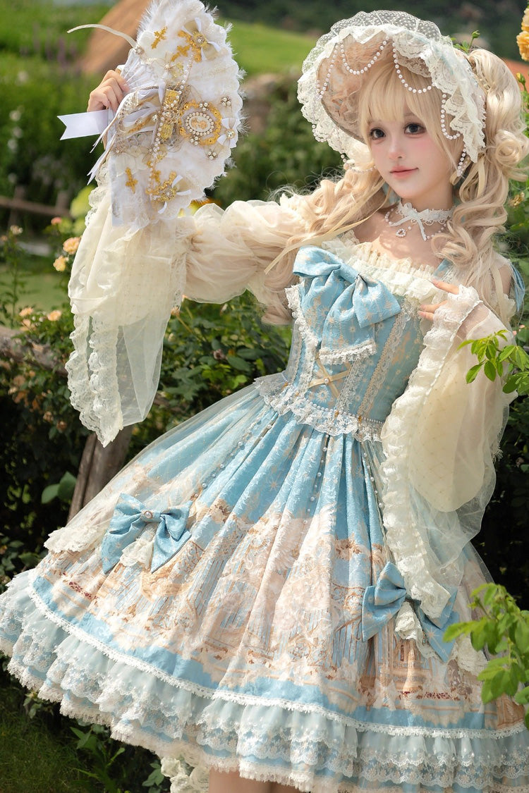 Blue Unicorn Print Sleeveless Multi-Layered Embroidery Bowknot Lace Sweet Lolita Jsk Dress