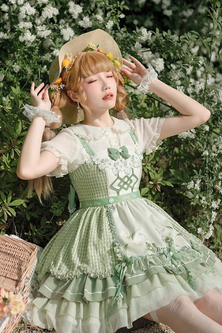 Green Multi-layer Print Ruffle Bowknot Country Style Sweet Lolita Jsk Dress (With Apron)