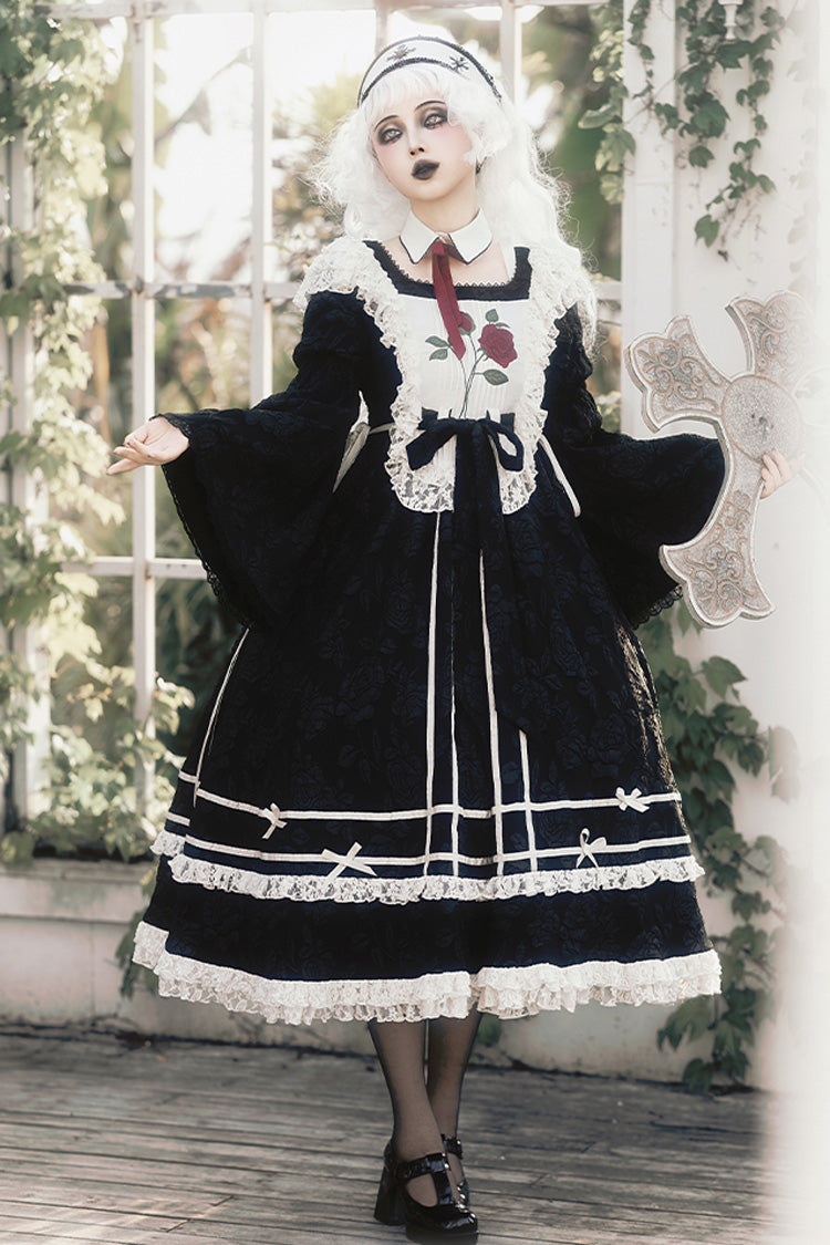 Black Rose Choir Double-Layered Ruffle Embroidery Bowknot Lace Gothic Elegant Nun Lolita Dress