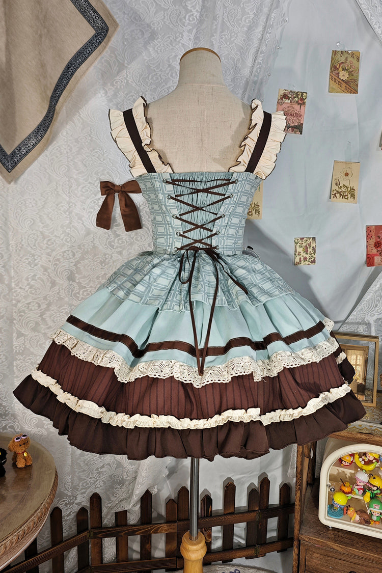 Green/Brown Mint Chocolate Sleeveless Triple-Layered Ruffle Bowknot Sweet Lolita Jsk Dress