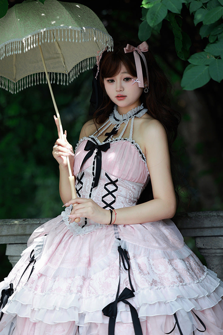 Pink Cross Halterneck Ruffle Bowknot Lace Lace-Up Princess Sweet Lolita Dress