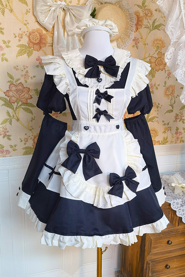 Black/White Short Sleeves Ruffle Bowknot Lace Plus Size Sweet Maid Short Lolita Dress
