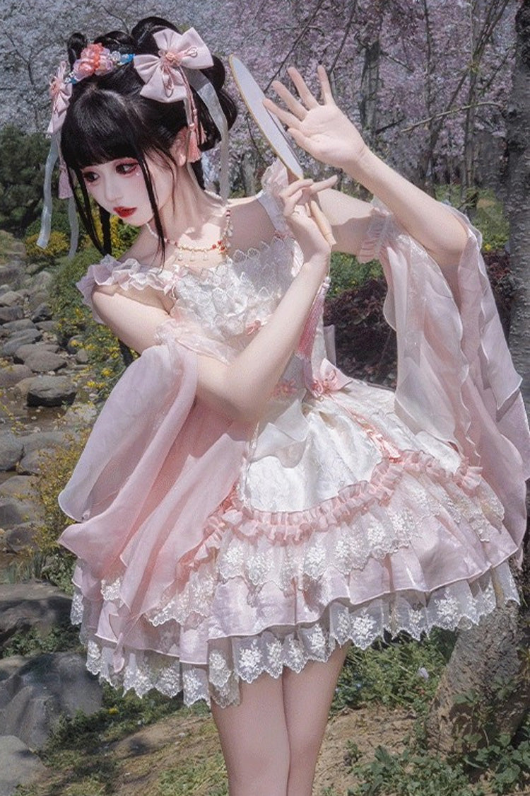 Pink Lyrics in the Midst of Flowers Ruffle Embroidery Bowknot Chinese Style Elegant Sweet Lolita Jsk Dress