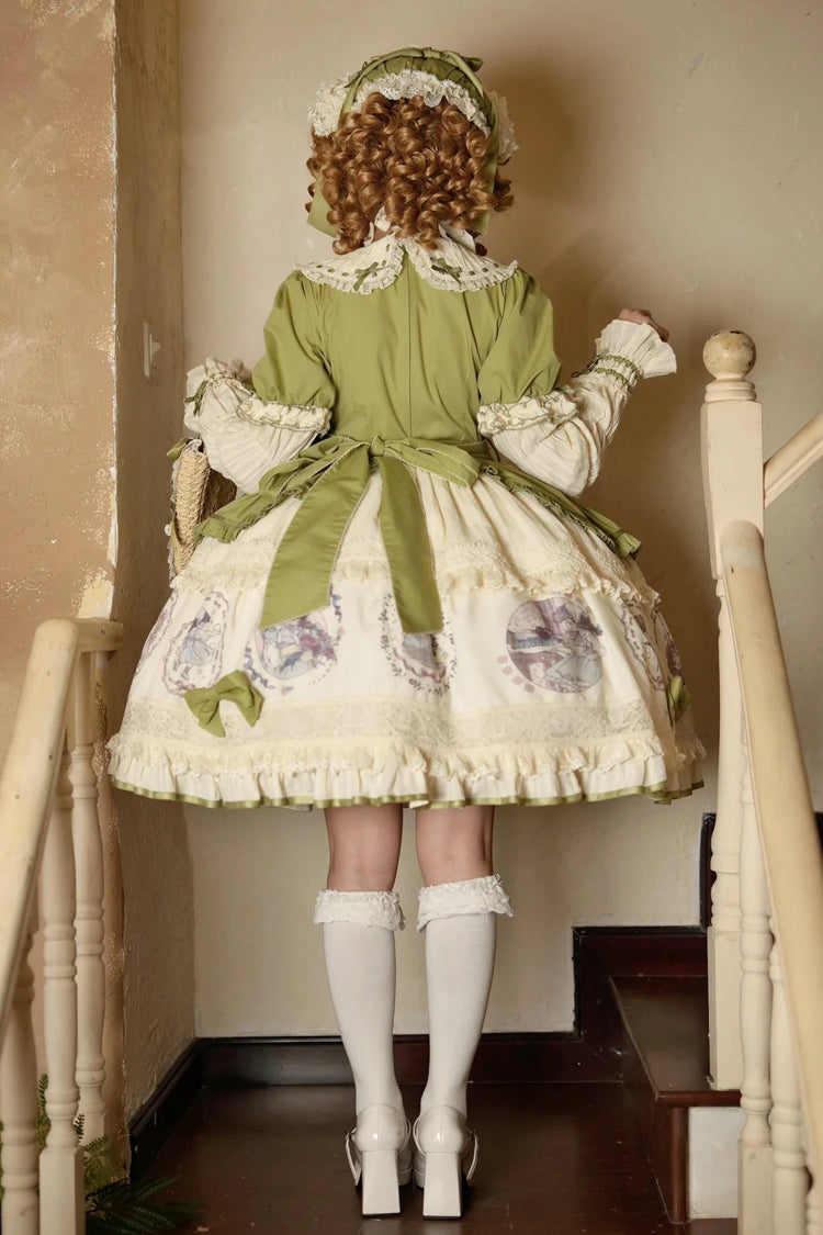 Green Little Ida's Flowers Short Sleeves Print Ruffle Bowknot Sweet Lolita Dress