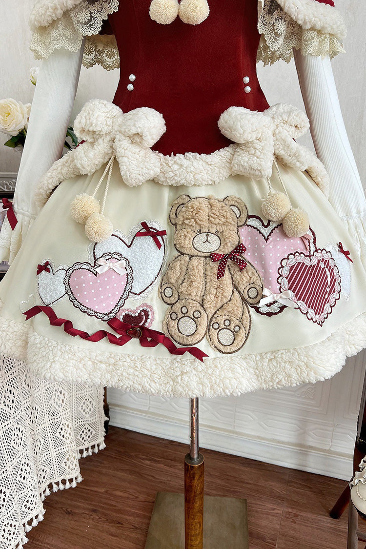 Red/Beige Heart Bear Embroidered Sweet Lolita Jsk Dress Set