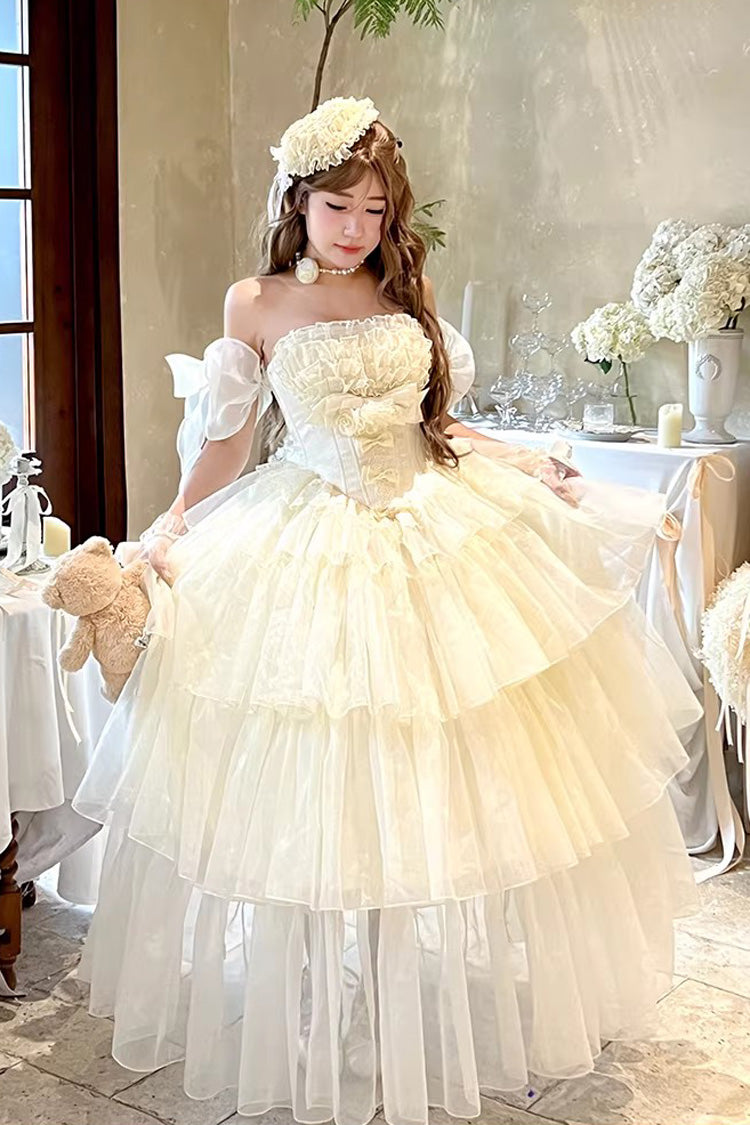 Beige Mousse Serenade Triple-Layered Ruffled Hanayome Bow Lace Sweet Princess Lolita Strapless Dress