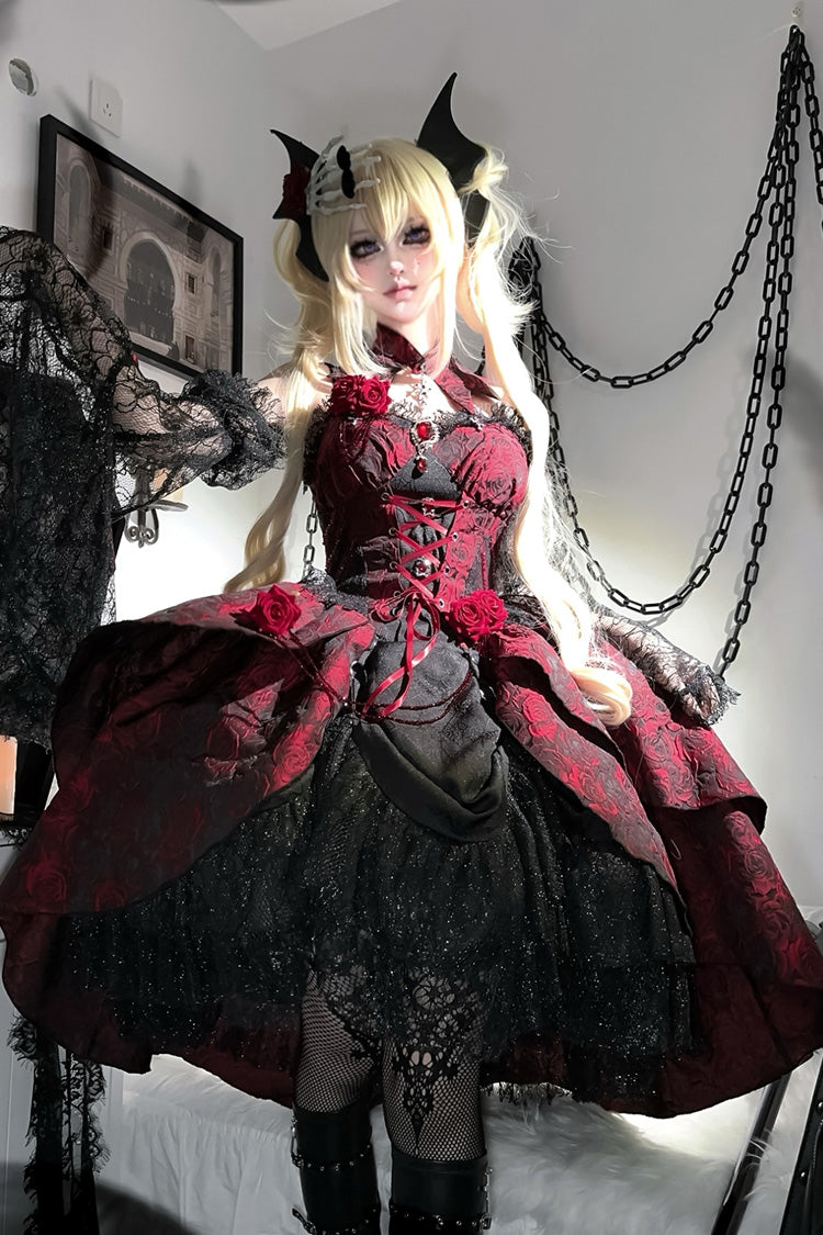 Black/Red Weeping Rose Jacquard Print Ruffle Cardigan Bowknot Lace-Up Gothic Lolita Dress