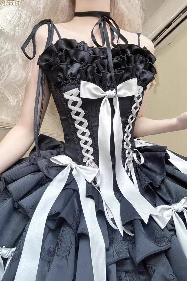 Thousand Paper Cranes Sleeveless Multi-Layered Ruffle Bowknot Lace-Up Fishbone Gothic Lolita Jsk Dress 4 Colors