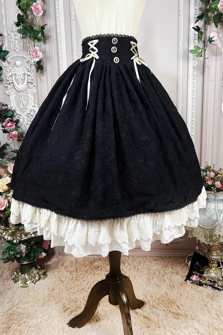 Black Heart of Rose High Waisted Ruffle Embroidery Lace-Up Sweet Vintage Elegant Palace Lolita Skirt
