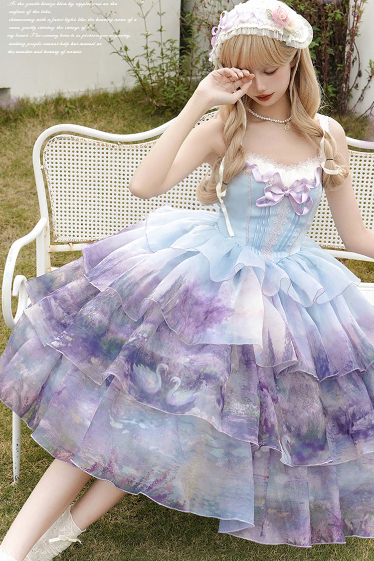 Multi-Color Three-layer Swan Lake Print Oil Painting Ruffle Bowknot Sweet Lolita Jsk Dress