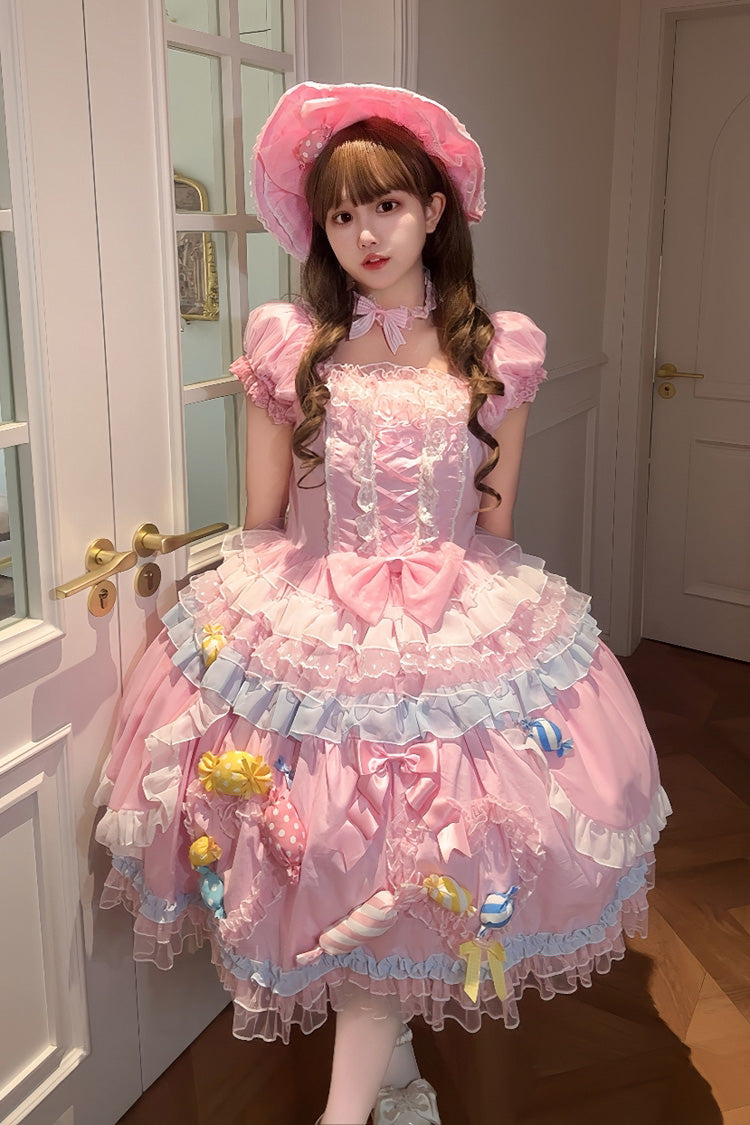 Pink Candy Party Short Sleeves Multi-Layered Ruffled Bow Lace Lace-Up Sweet Lolita Dress