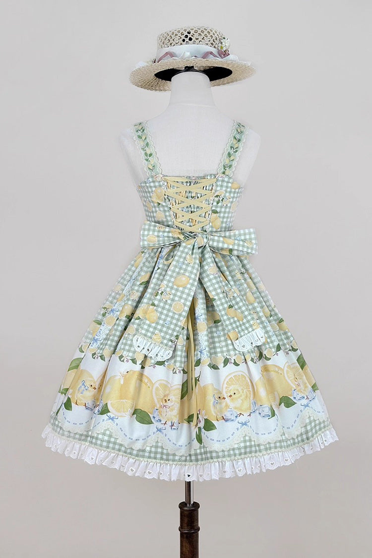Green Lemon Chicken Print Ruffle Bowknot Lace Sweet Lolita Jsk Dress