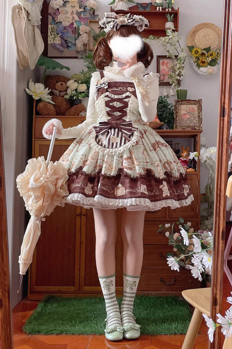 Doll Tea Party Sleeveless Print Ruffle Bowknot Lace-Up Sweet Lolita Jsk Dress 3 Colors