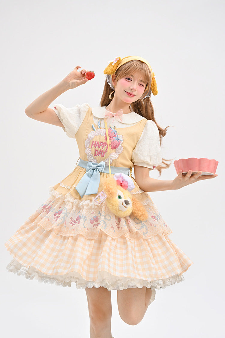 Yellow Happy Day Short Sleeves Triple-Layered Print Bowknot Lace Sweet Princess Lolita Dress