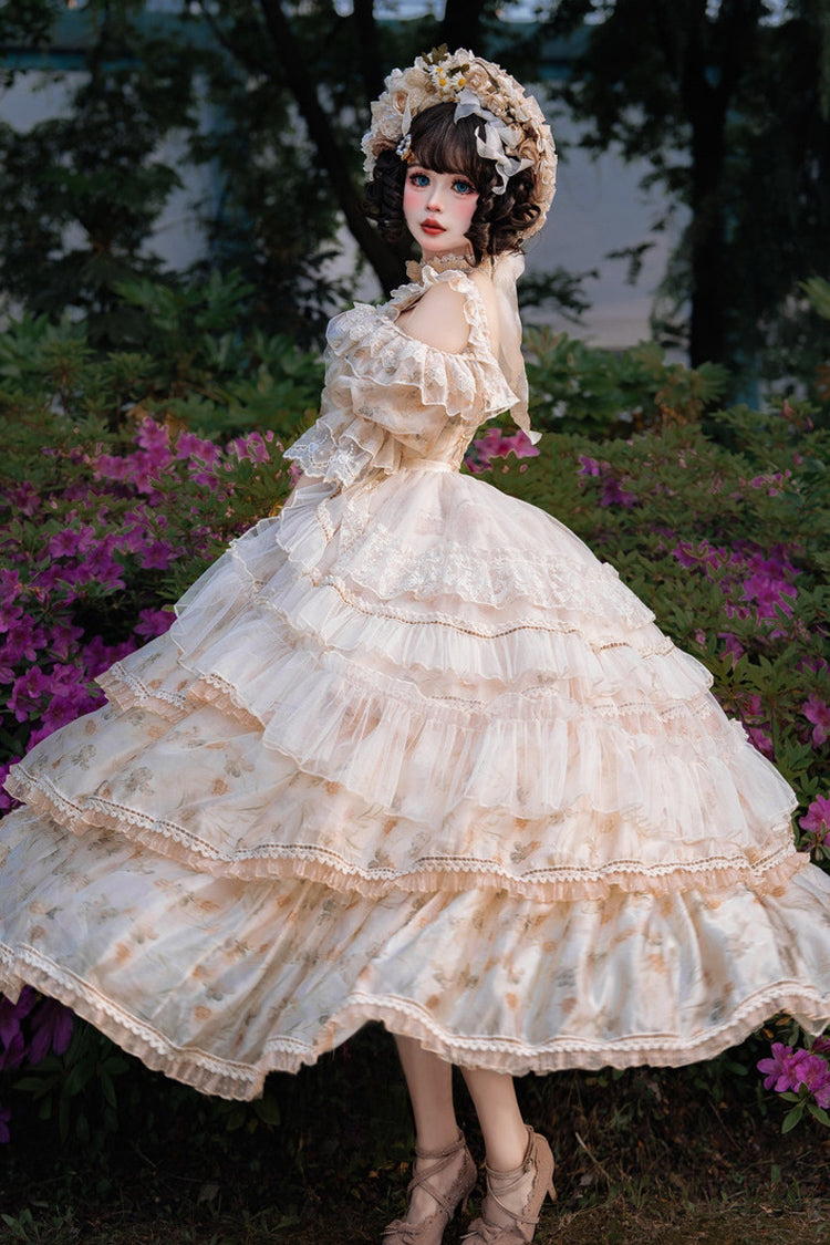 Yellow Rose Letter Off Shoulder Triple-Layered Print Ruffle Hanayome Sweet Princess Lolita Dress