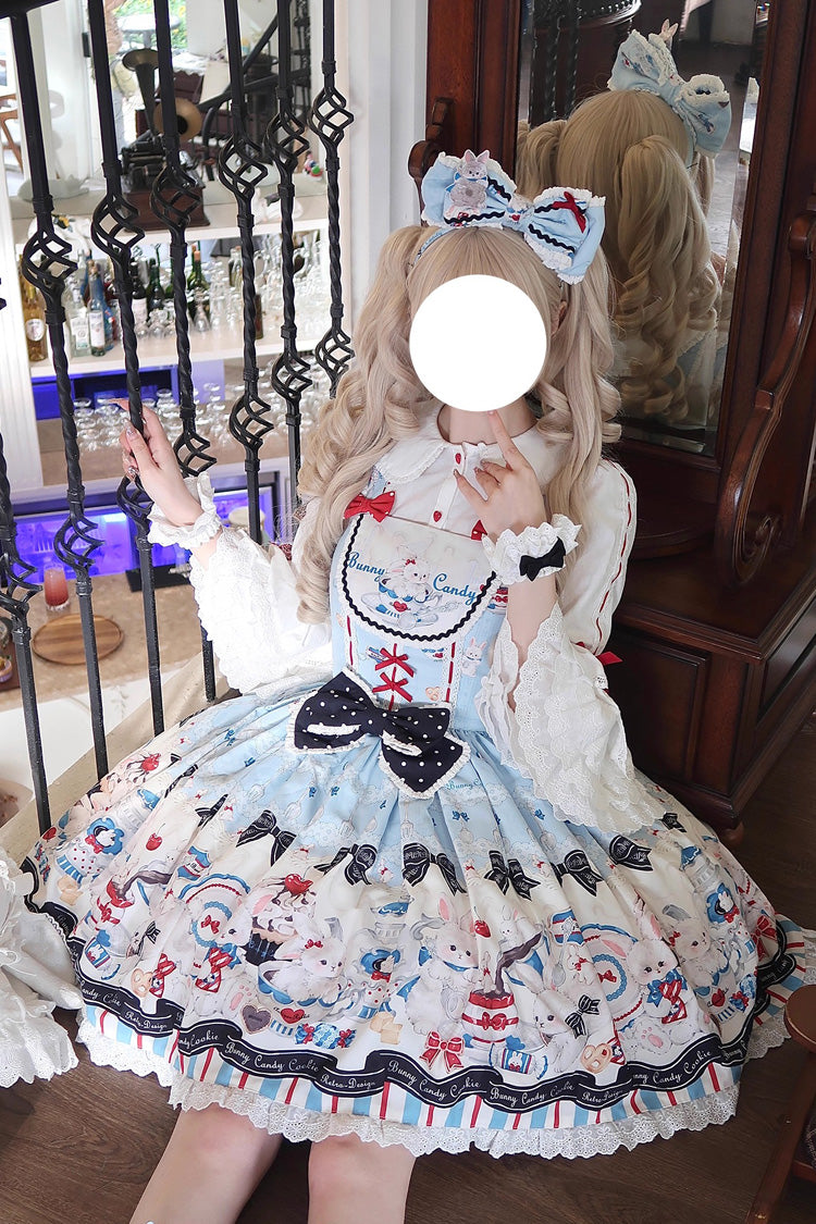 Blue Mystery Rabbit Tea Party Sleeveless Print Ruffle Bowknot Lace Sweet Lolita Jsk Dress