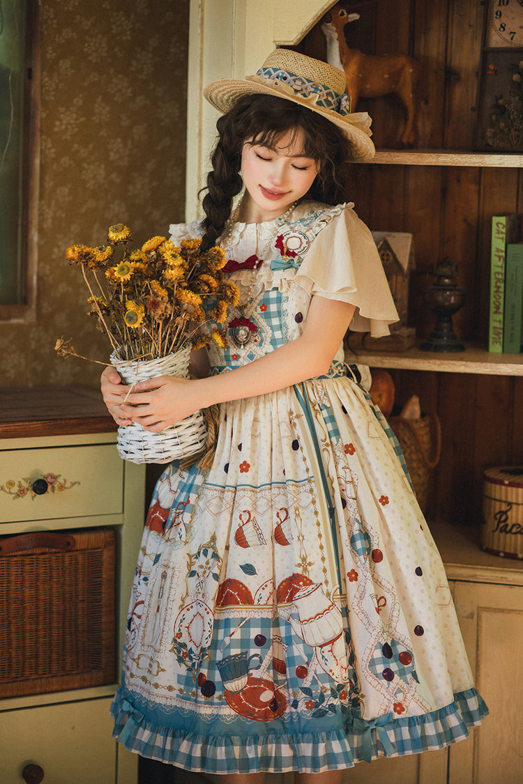 Blue/Green Tea Party Print Ruffle Bowknot Lace Sweet Elegant Lolita Jsk Dress