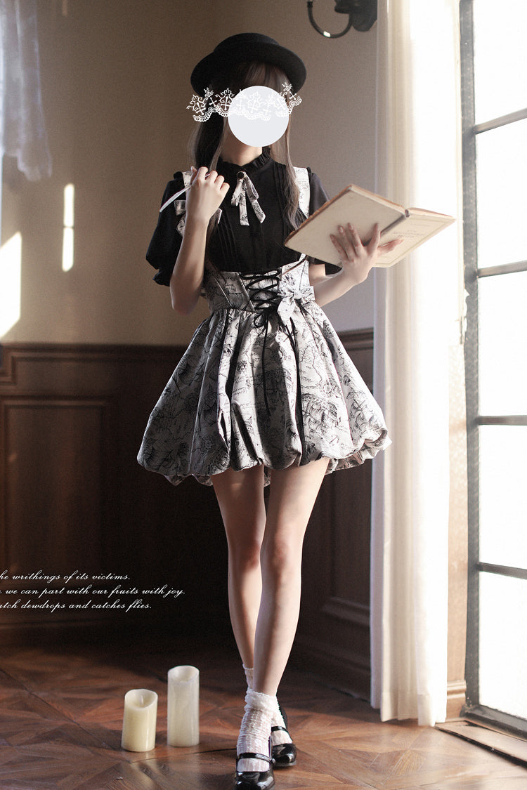 Grey Elise Print Bowknot Lace-Up Sweet Vintage Lolita Skirt