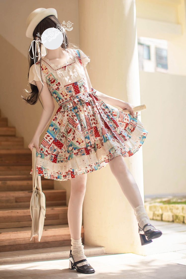 Multi-Color Linlang Painting Shop Sleeveless Multi-Layered Print Ruffle Sweet Vintage Lolita Jumper Dress
