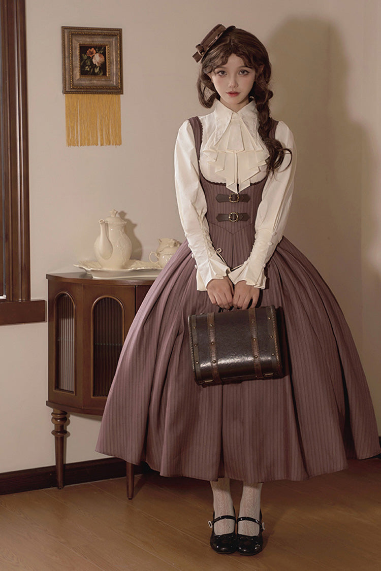 Brown Manchester City's Past Striped Print Breast Support Long Version Sweet Lolita Dress