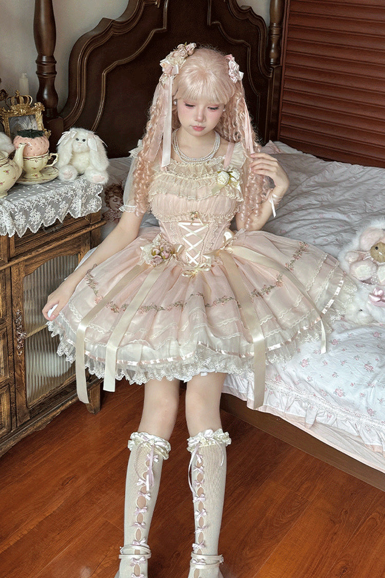 Mist Champagne Multi-Layered Ruffle Bowknot Lace Sweet Elegant Ballet Lolita Jsk Dress 3 Colors
