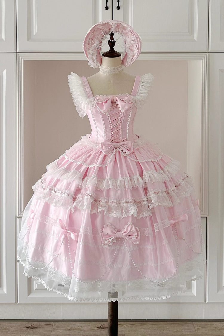 Showa Girl Sleeveless Triple-Layered Ruffle Bowknot Lace Pearl Sweet Japanese Lolita Jsk Long Dress 2 Colors