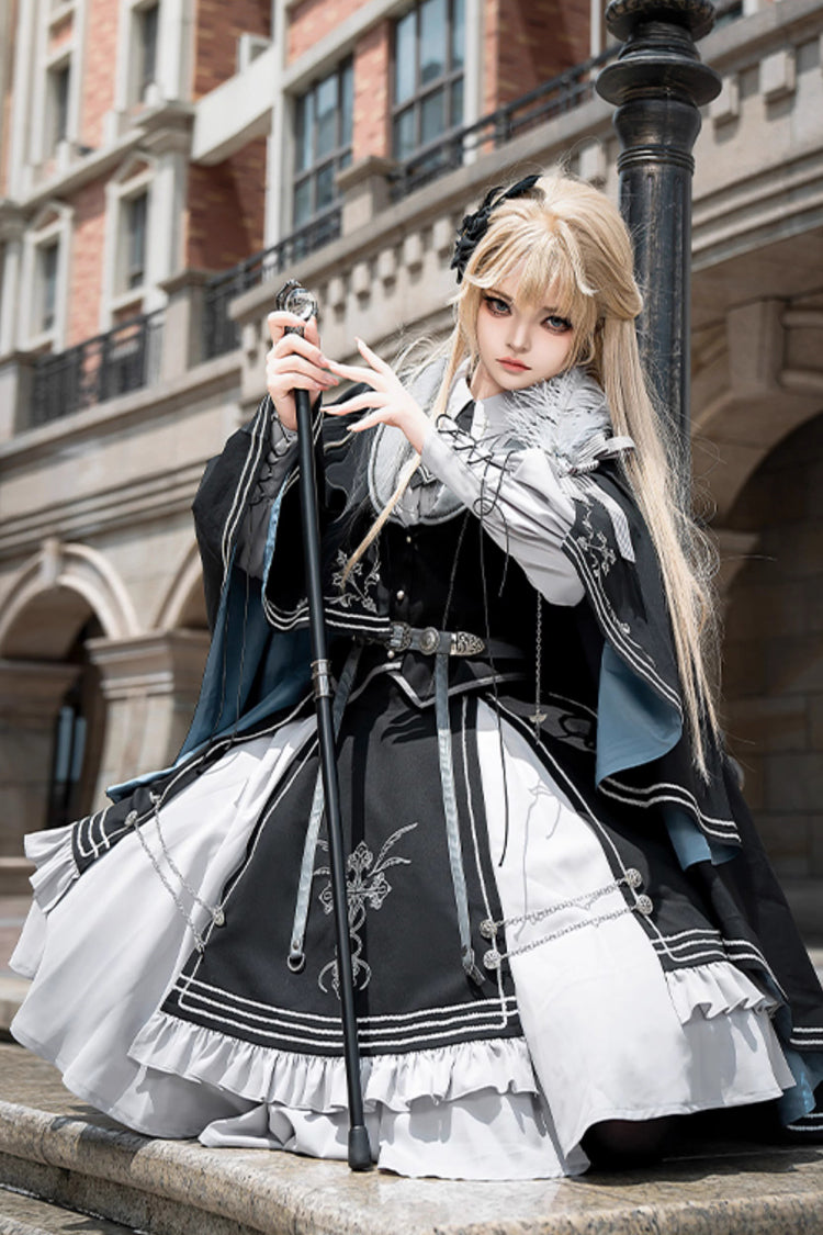 Black/Blue Dark Knight Contract Print Ruffle Gothic Military Elegant Lolita Skirt