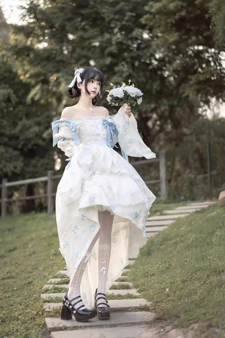 White Boat Neck Multi-layer Ruffle Hanayome Bowknot Sweet Princess Lolita Strapless Dress