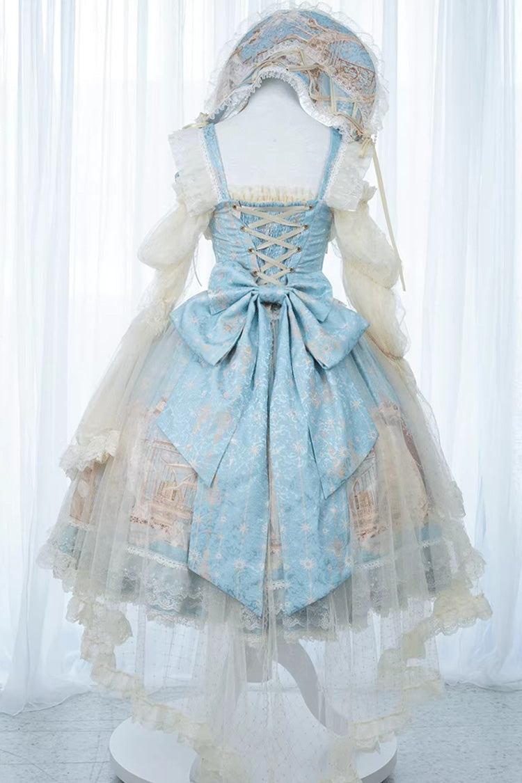 Blue Unicorn Print Sleeveless Multi-Layered Embroidery Bowknot Lace Sweet Lolita Jsk Dress