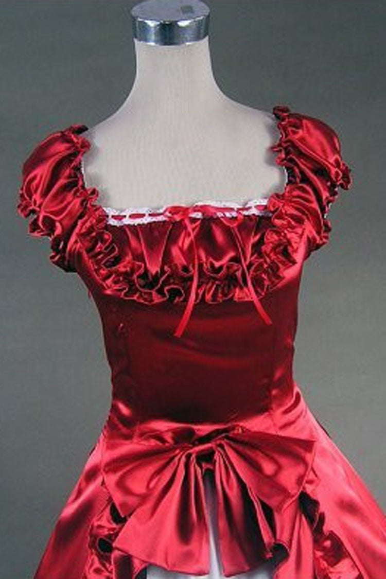 Red/White Cotton Square Collar Cap Sleeves Floor Length Pleats Bowknot Cardigan Victorian Gothic Lolita Dress