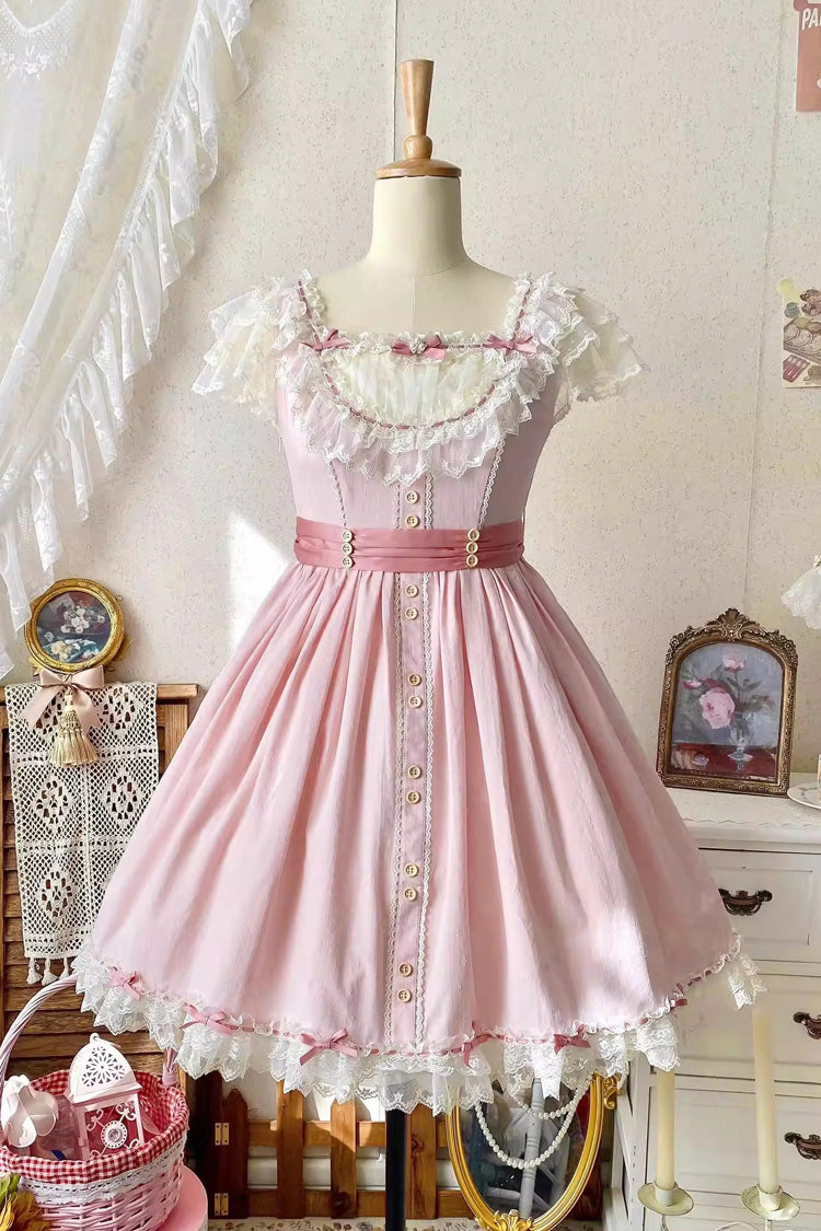 Pink Sakura's Spring Resonance Sleeveless Ruffled Bow Sweet Lolita Jsk Dress (Short Version)
