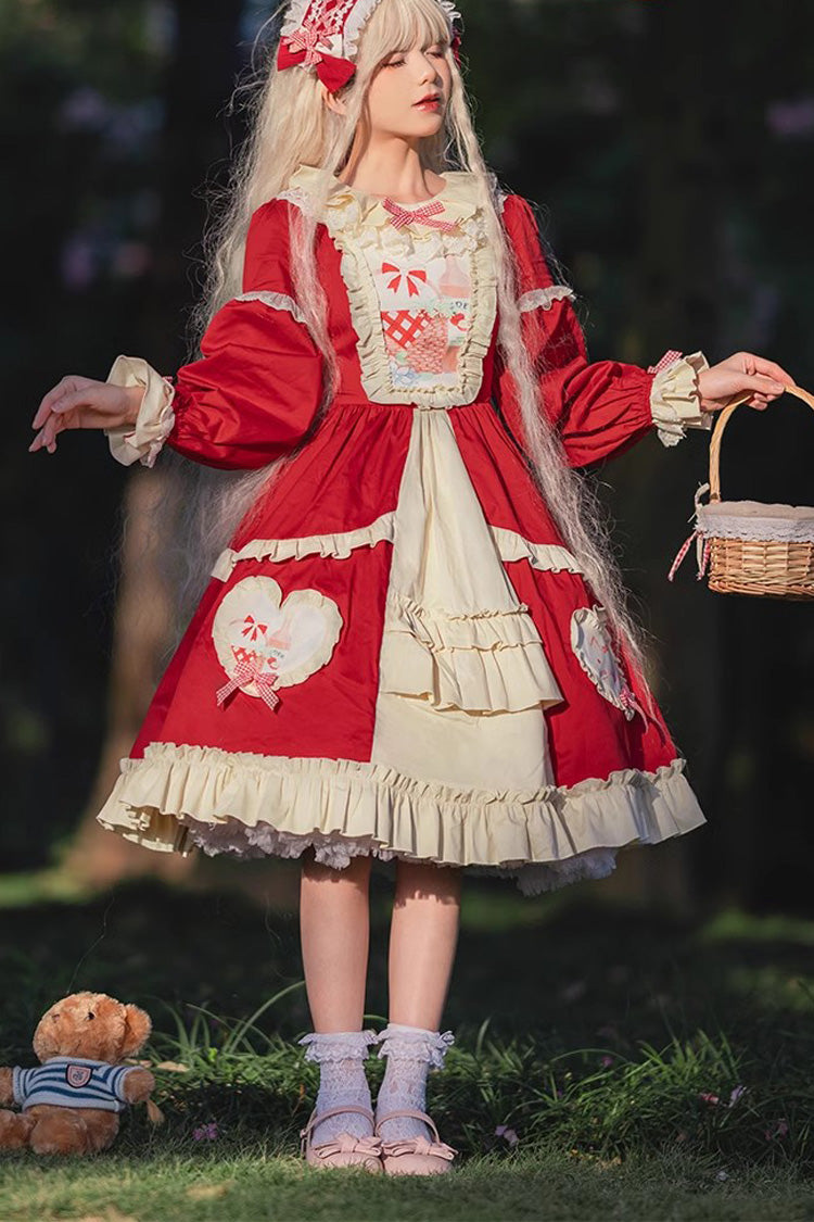 Red Cider House Long Sleeves Print Ruffle Cardigan Bowknot Sweet Lolita Dress