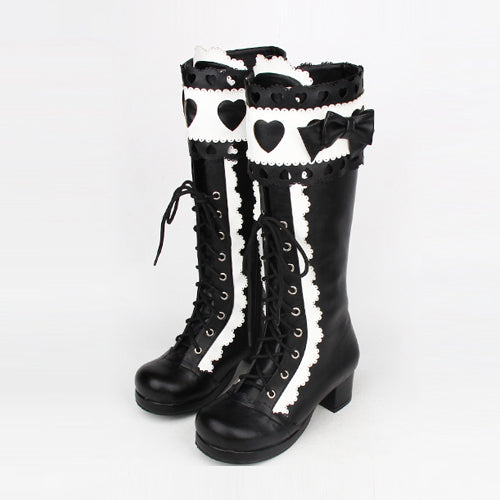 Black White Lace Bowknot Heart Shaped Round Toe Sweet Lolita High Boots