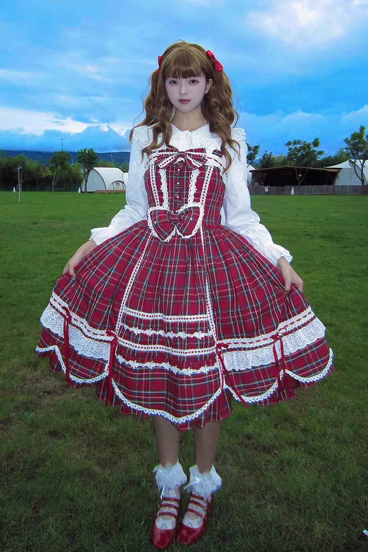 Red Gingham Petal Bunny Printed Ruffled Bow Sweet Lolita Jsk Dress