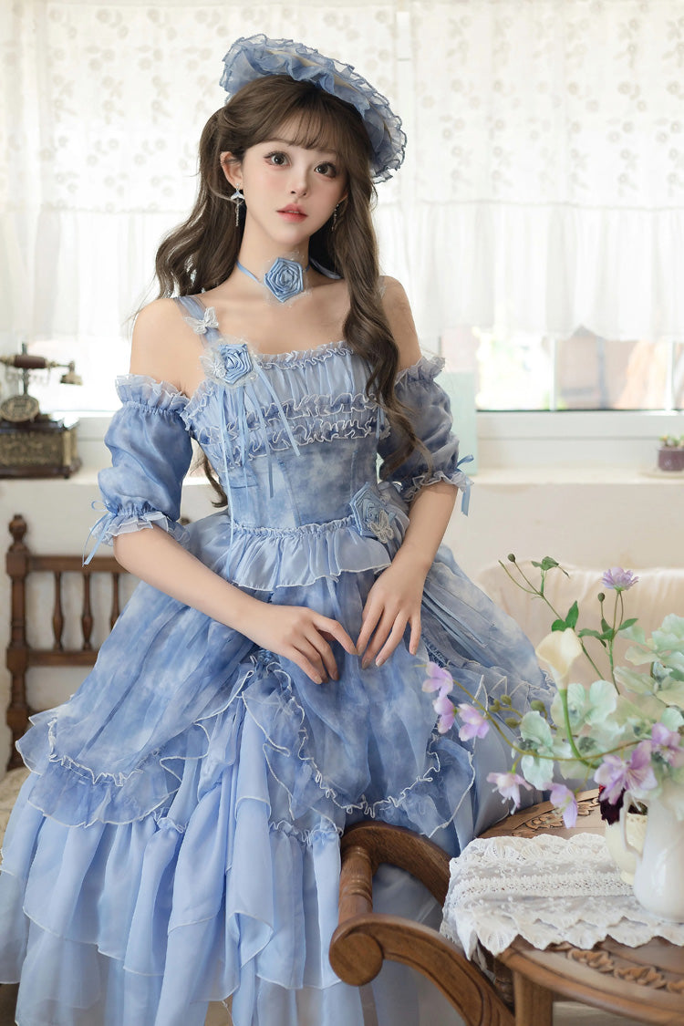 Goodnight Camellia Sleeveless Ombre Multi-Layered Printed Ruffled Lace Fishbone Sweet Lolita Jsk Dress 3 Colors