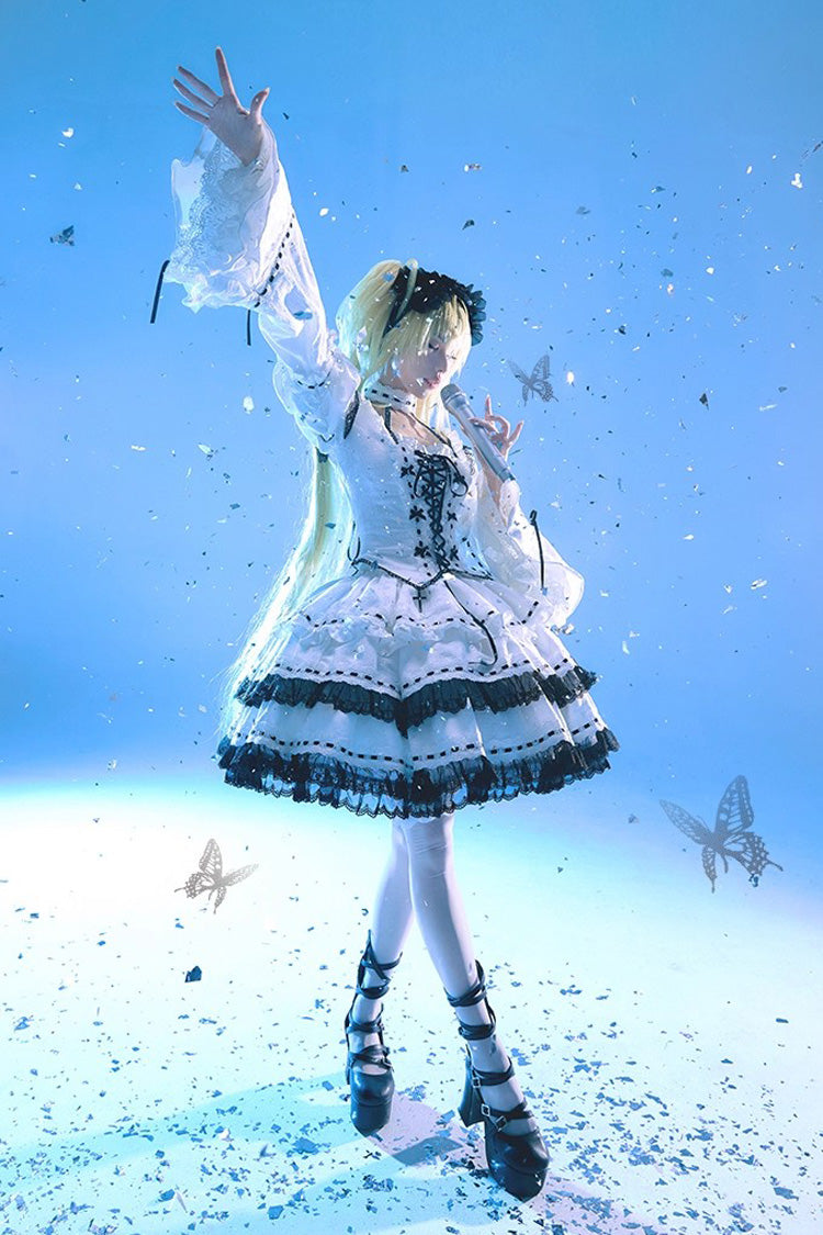White Witch Long Trumpet Sleeves Double-Layered Ruffle Bowknot Lace-Up Gothic Lolita Skirt Dress Set