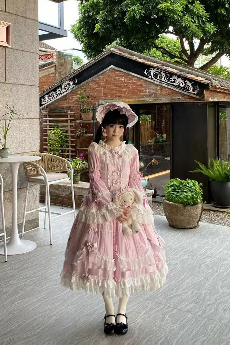 Pink Round Collar Long Trumpet Sleeves Hanayome Bowknot Lace Daily Sweet Elegant Princess Lolita Dress