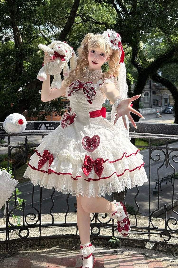 White Polka-Dot Love Letter Sleeveless Double-Layered Bowknot Lace Pearl Sweet Lolita Jsk Dress