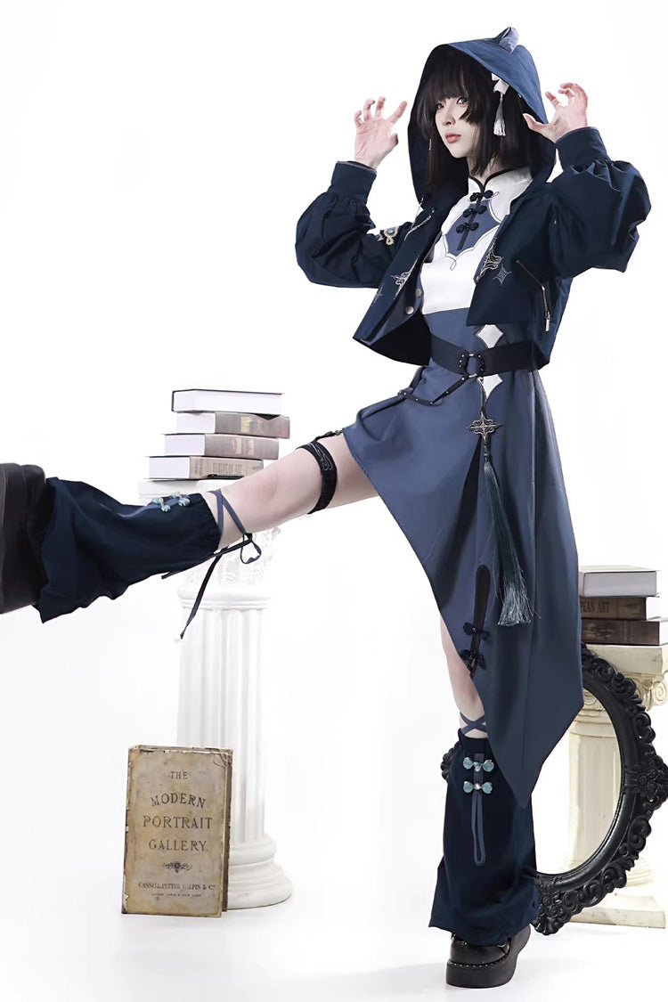 Blue Indigo Shadow Journey Stand Collar Long Sleeves Embroidered Hooded Asymmetric Punk Ouji Lolita Dress Four-Piece Set