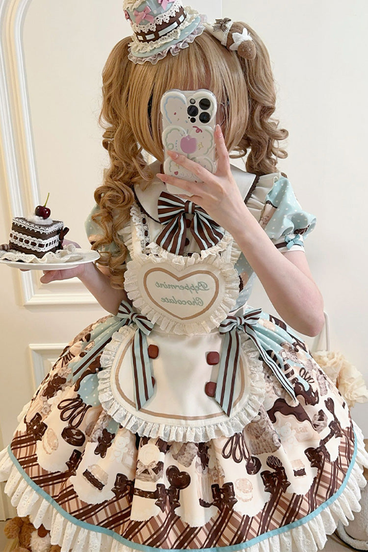 Brown Peppermint Chocolate Chocolate Cake Bear Print Ruffle Bowknot Lace-Up Sweet Lolita Dress