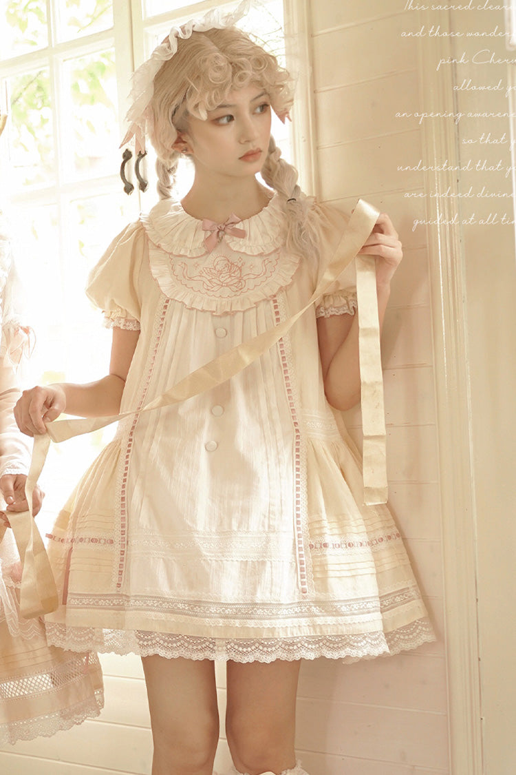 Light Yellow Doll Collar Short Sleeves Little Angel Print Bowknot Lace Sweet Lolita Dress