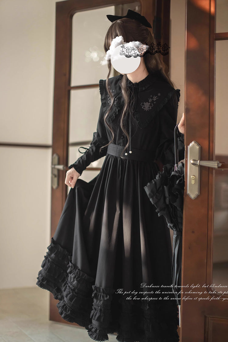 Black Wind Kissed Tulips Long Sleeves Ruffle Embroidery Bowknot Gothic Vintage Elegant Lolita Dress