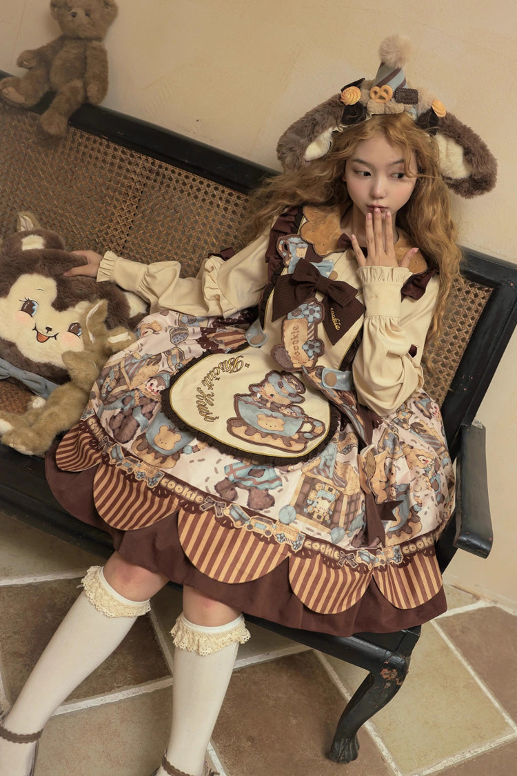 Bear Cookies Print Long Sleeves Ruffle Bowknot Sweet Lolita OP Dress 2 Colors