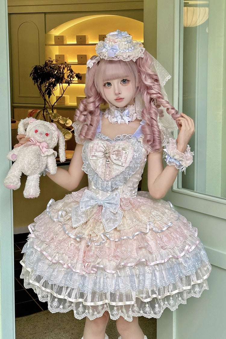 Rainbow Colors Ballad of Feathers Sleeveless Multi-Layered Ruffle Hanayome Bowknot Sweet Lolita Jsk Dress