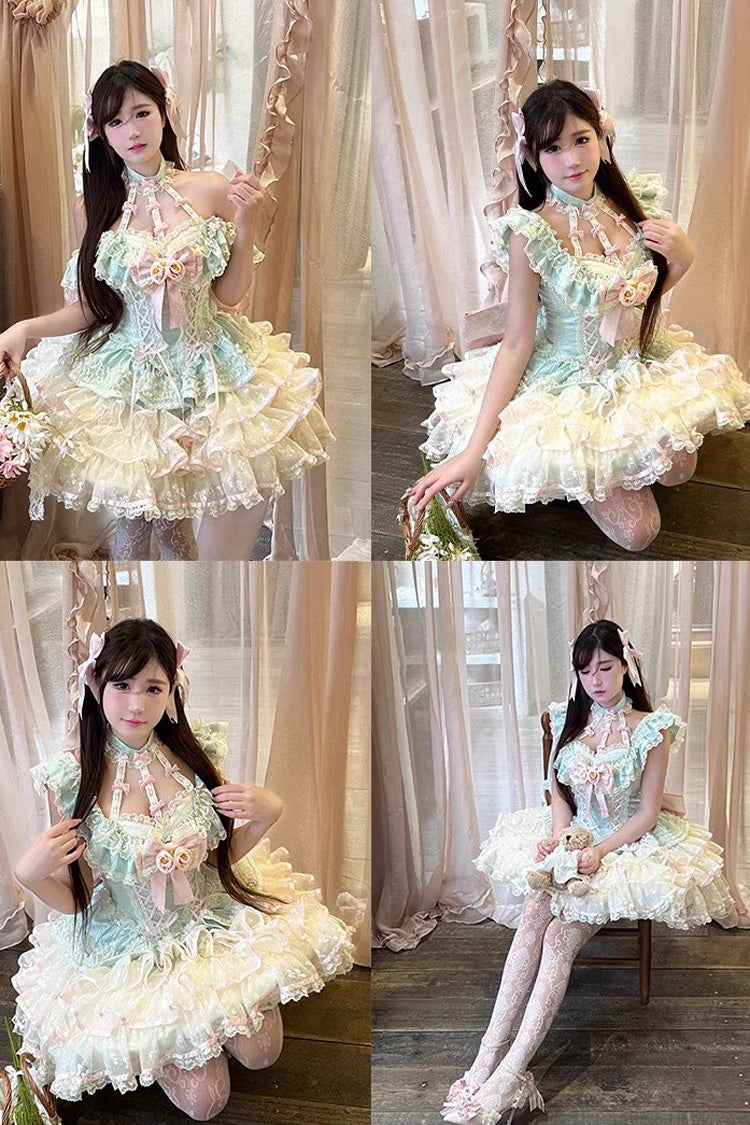 Green Flower Language of Eros Halterneck Multi-Layered Ruffle Bowknot Rose Lace Lace-Up Sweet Ballet Lolita Jsk Dress