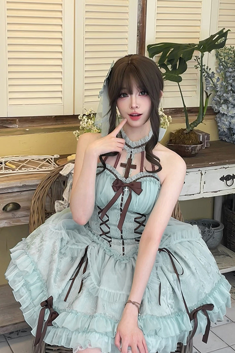 Mint Green Cross Halterneck Ruffle Bowknot Lace Lace-Up Princess Sweet Lolita Dress