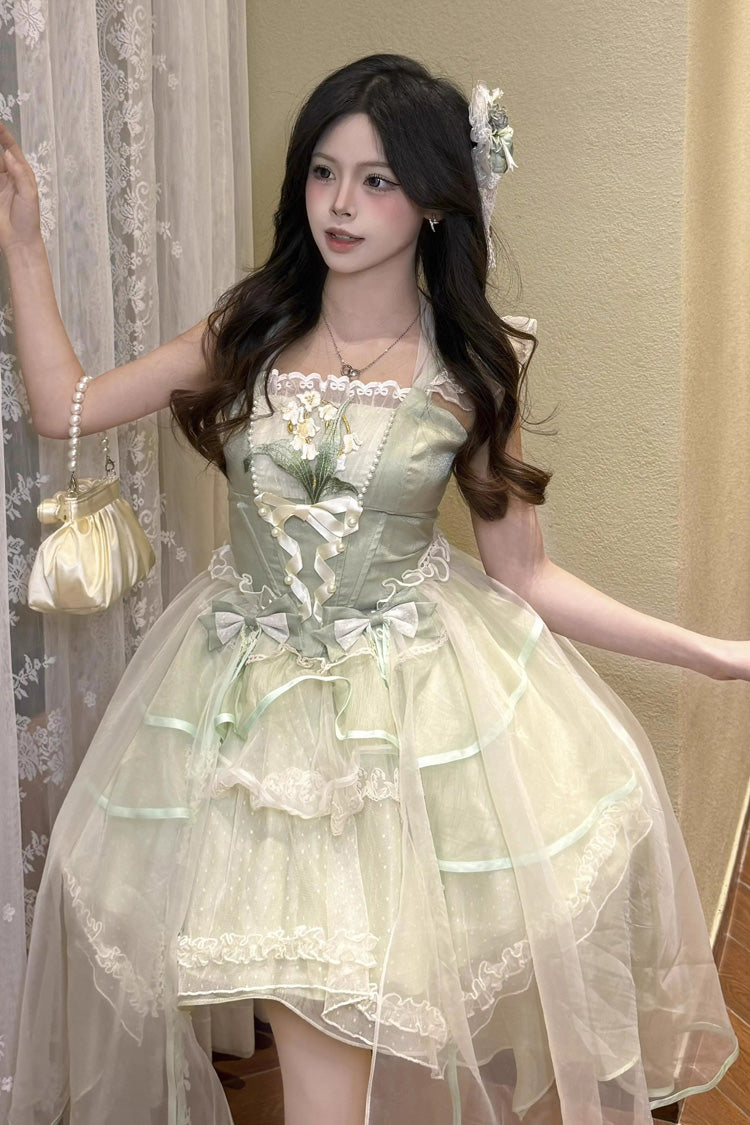 Green Lily of the Valley Summer Polka Dot Print Ruffle Bowknot Lace-Up Sweet Princess Lolita Jsk Dress