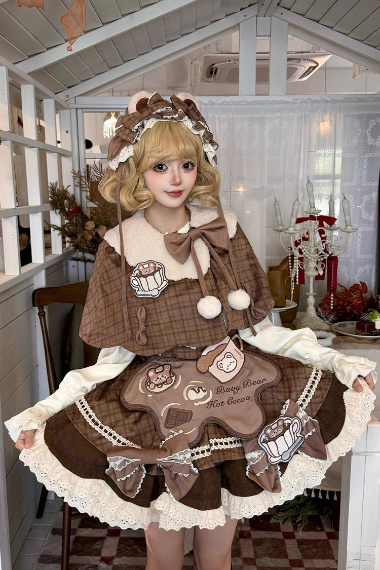 Brown Hot Cocoa Little Bear Sleeveless Print Ruffle Bowknot Lace Sweet Lolita Jsk Dress