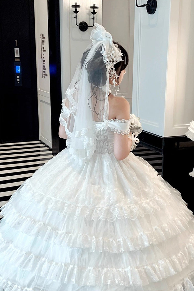 White Maiden Lace Off Shoulder Triple-Layered Ruffle Hanayome Bowknot Lace Sweet Lolita Jsk Dress