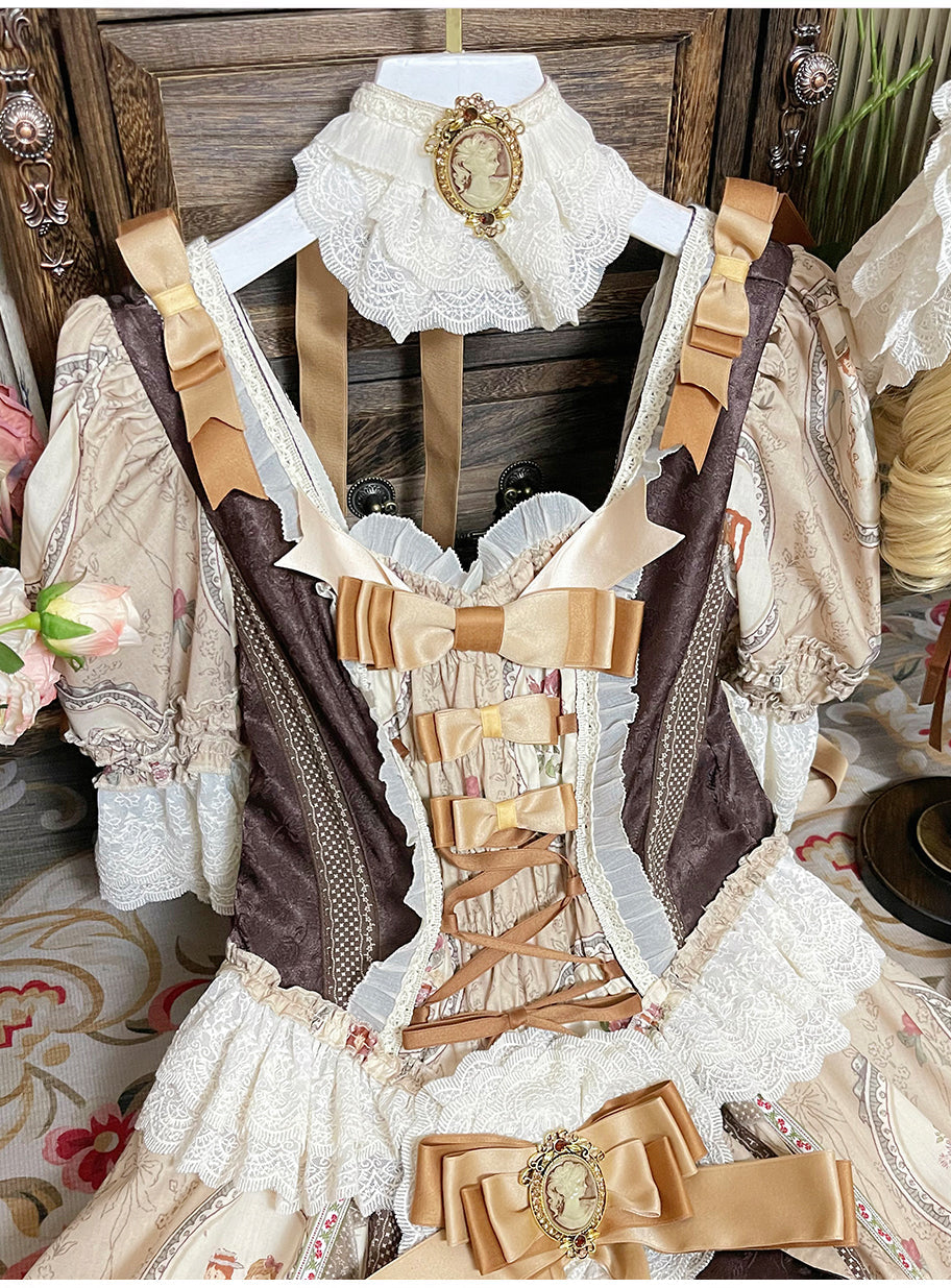 Brown Baker Street Tea Party Short Sleeves High Waisted Print Ruffle Embroidery Cardigan Bowknot Lace-Up Classic Vintage Princess Lolita Dress